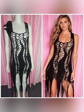Punk Rave Whimsigoth Black Crochet Feather Sheer Festival Dress Size Medium